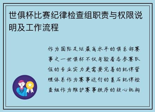 世俱杯比赛纪律检查组职责与权限说明及工作流程