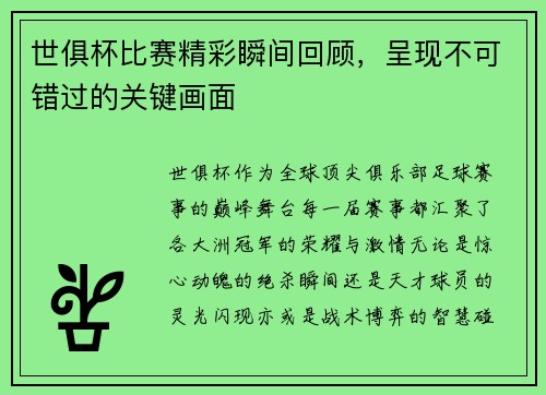 世俱杯比赛精彩瞬间回顾，呈现不可错过的关键画面